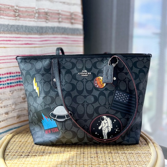 Coach Handbags - RARE Coach X NASA Collaboration Leather Grey Logo Print City Tote Bag